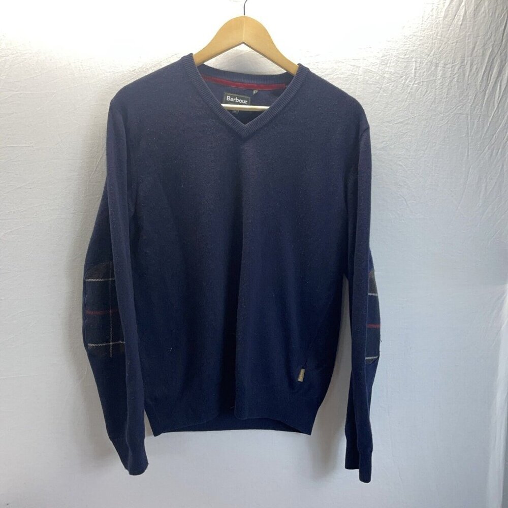 Barbour Men's Navy Blue‎ v neck Cashmere wool Elbow Patch Tartan size Med